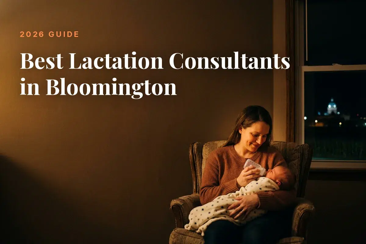 Mother feeding her baby at home in Bloomington at night, cover image for the Betteroo guide to the best lactation consultants in Bloomington in 2026