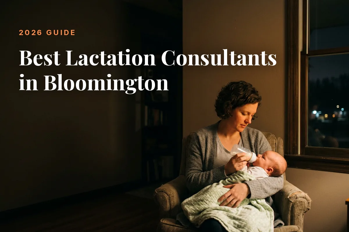 Mother feeding her baby at home in Bloomington at night, cover image for the Betteroo guide to the best lactation consultants in Bloomington in 2026