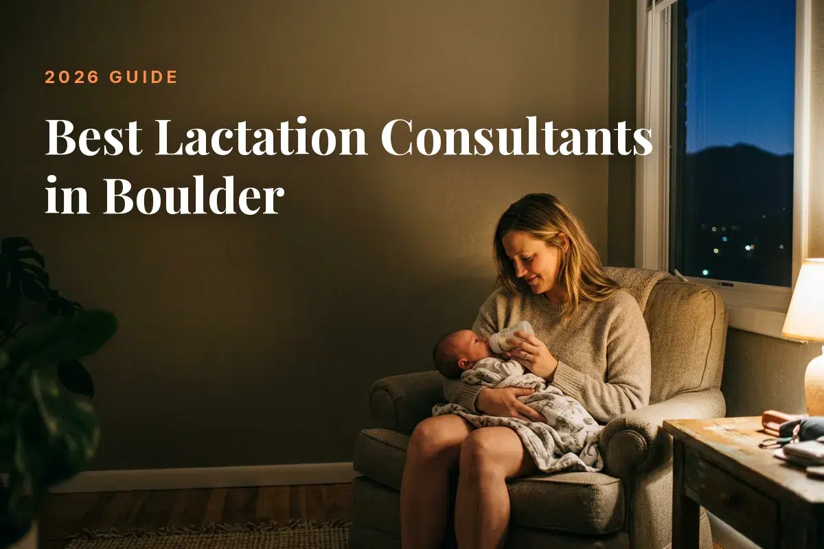 Mother feeding her baby at home in Boulder at night, cover image for the Betteroo guide to the best lactation consultants in Boulder in 2026