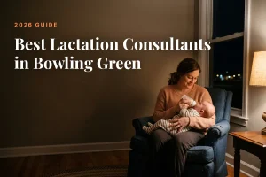 Mother feeding her baby at home in Bowling Green at night, cover image for the Betteroo guide to the best lactation consultants in Bowling Green in 2026