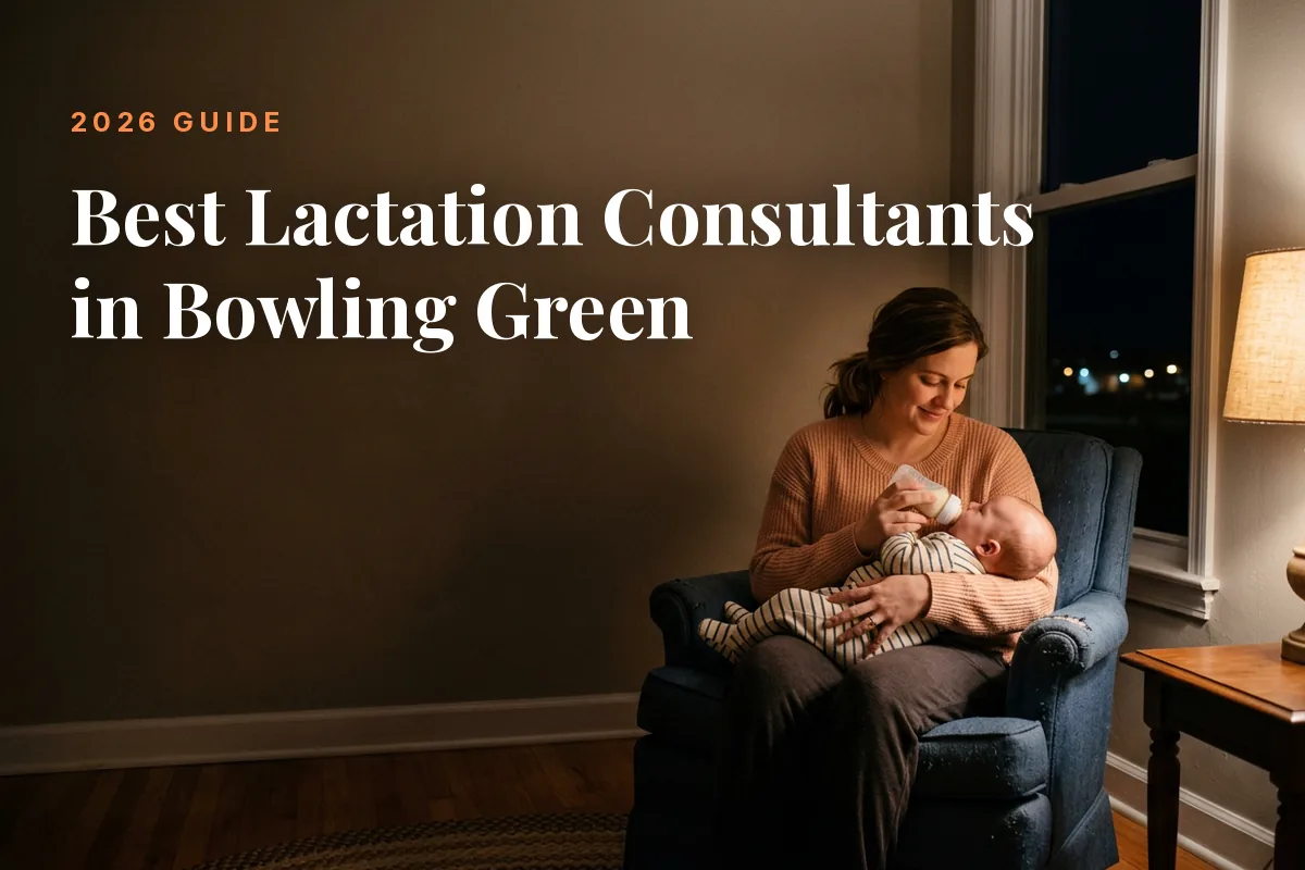 Mother feeding her baby at home in Bowling Green at night, cover image for the Betteroo guide to the best lactation consultants in Bowling Green in 2026