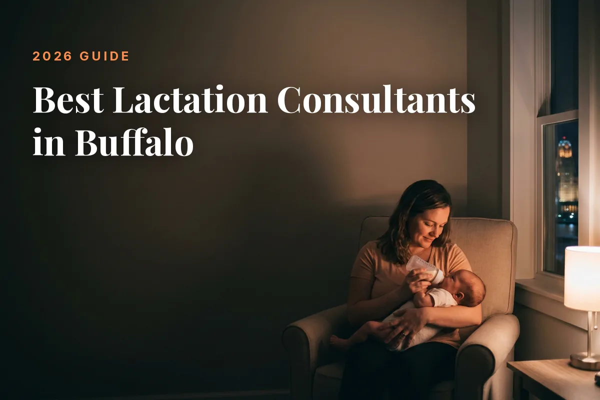 Mother feeding her baby at home in Buffalo at night, cover image for the Betteroo guide to the best lactation consultants in Buffalo in 2026