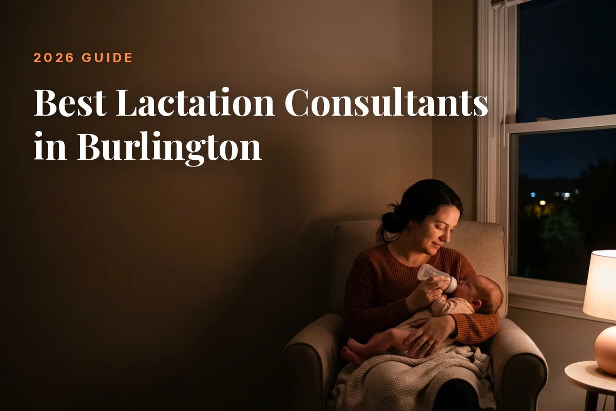 Mother feeding her baby at home in Burlington at night, cover image for the Betteroo guide to the best lactation consultants in Burlington in 2026