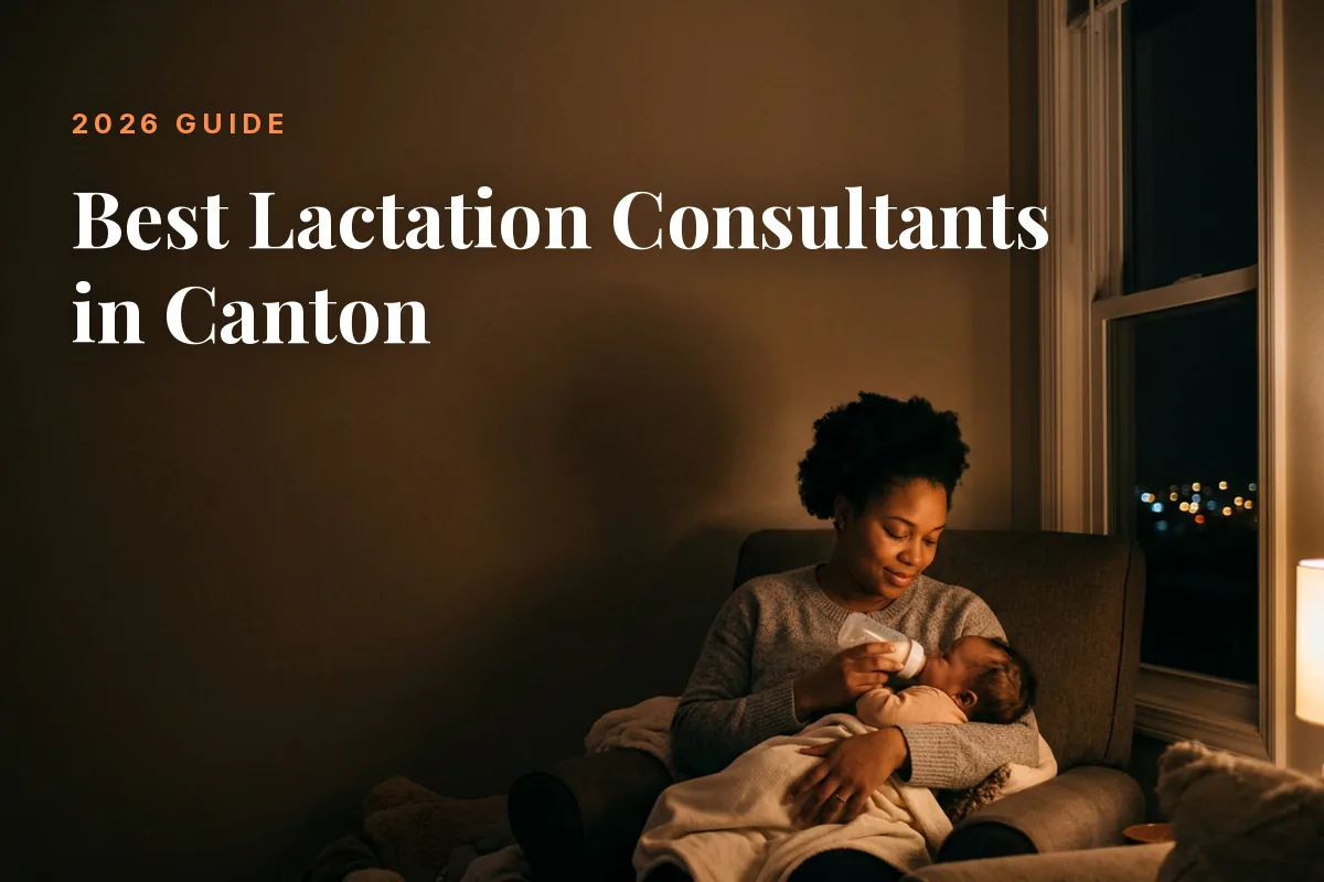 Mother feeding her baby at home in Canton at night, cover image for the Betteroo guide to the best lactation consultants in Canton in 2026