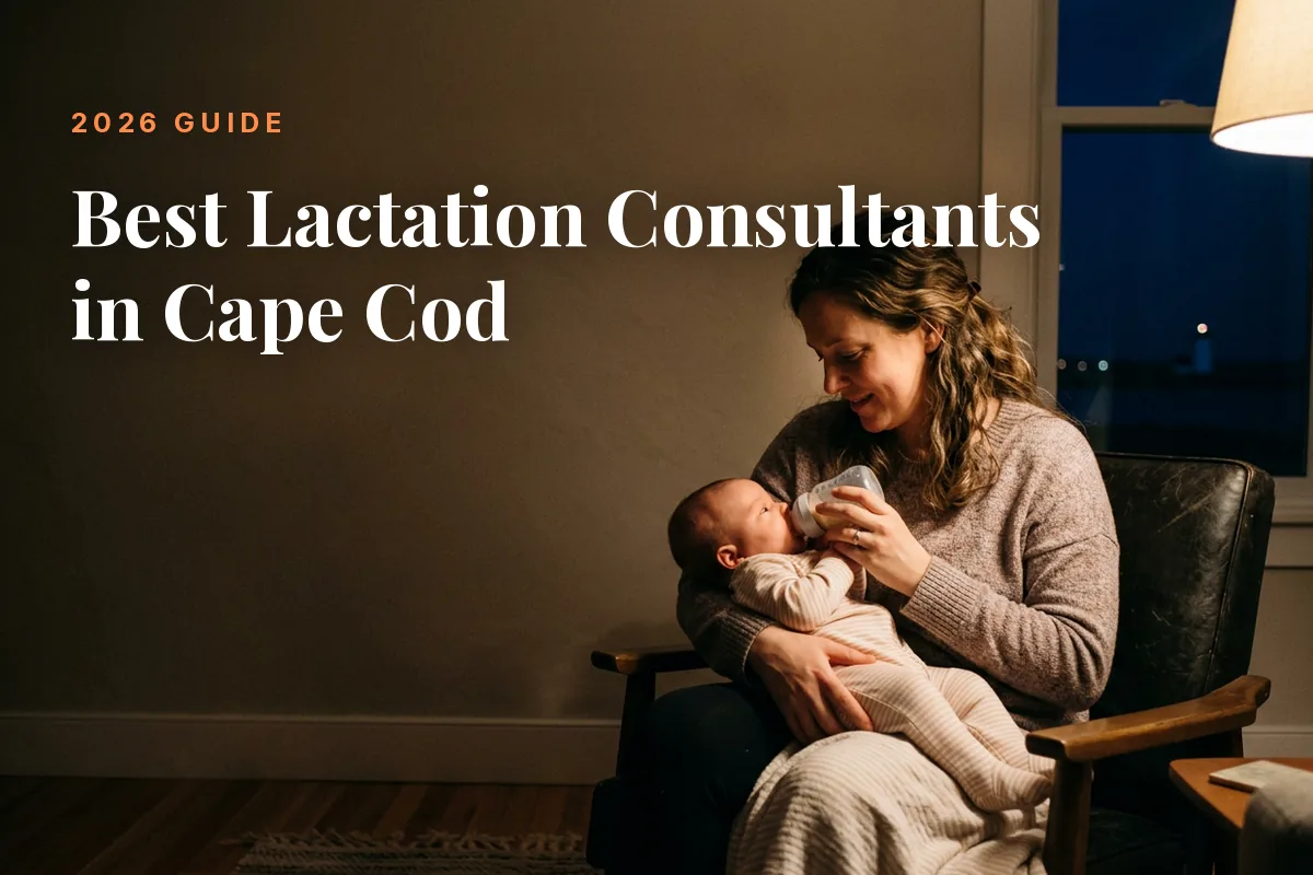 Mother feeding her baby at home in Cape Cod at night, cover image for the Betteroo guide to the best lactation consultants in Cape Cod in 2026