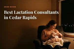Mother feeding her baby at home in Cedar Rapids at night, cover image for the Betteroo guide to the best lactation consultants in Cedar Rapids in 2026