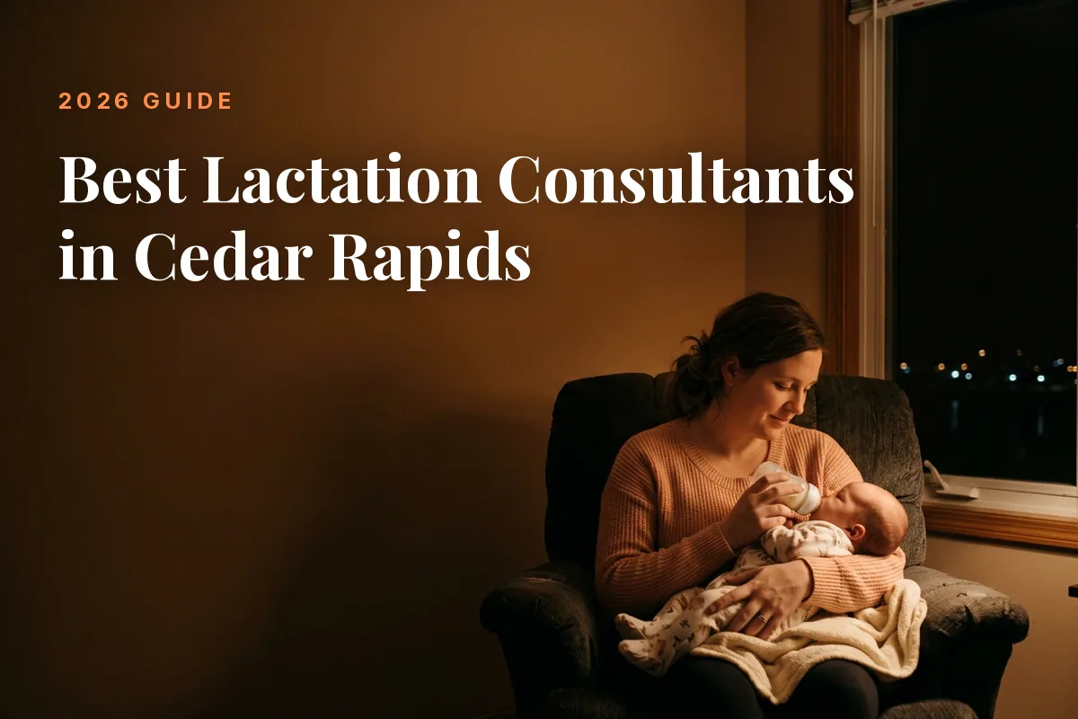 Mother feeding her baby at home in Cedar Rapids at night, cover image for the Betteroo guide to the best lactation consultants in Cedar Rapids in 2026