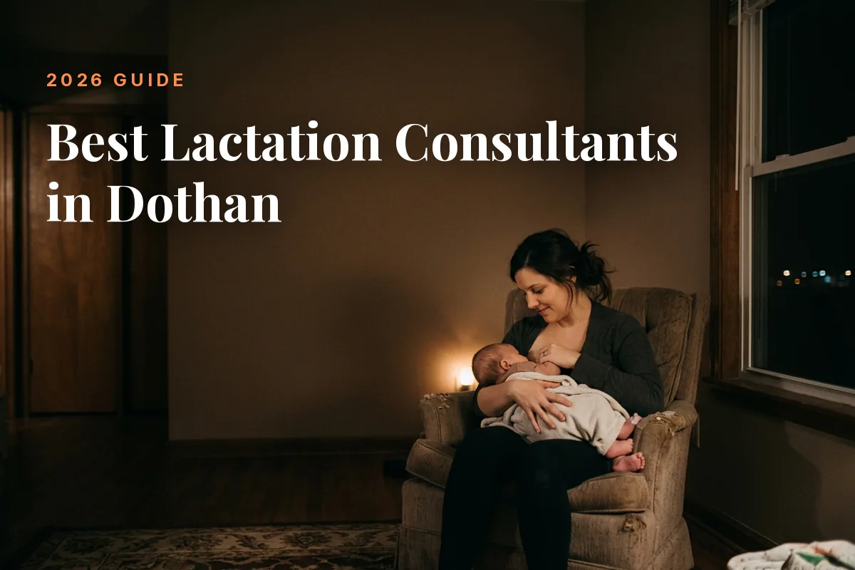 Mother feeding her baby at home in Dothan at night, cover image for the Betteroo guide to the best lactation consultants in Dothan in 2026