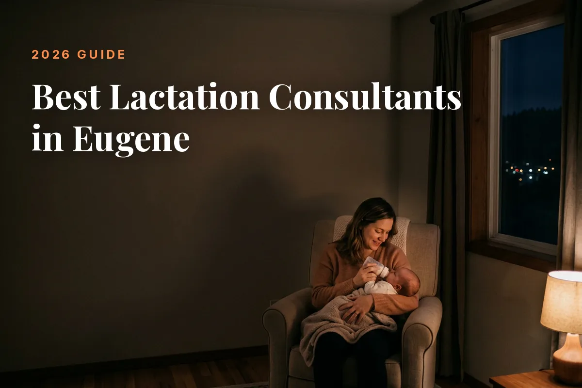 Mother Feeding Her Baby at Home in Eugene at Night Cover Image for the Betteroo Guide to the Best Lactation Consultants in Eugene in 2026 | Betteroo Mother feeding her baby at home in Eugene at night, cover image for the Betteroo guide to the best lactation consultants in Eugene in 2026