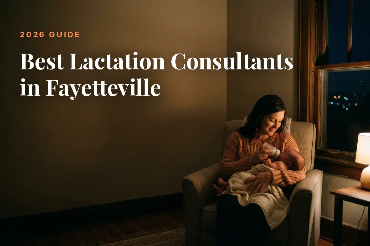 Mother feeding her baby at home in Fayetteville at night, cover image for the Betteroo guide to the best lactation consultants in Fayetteville in 2026