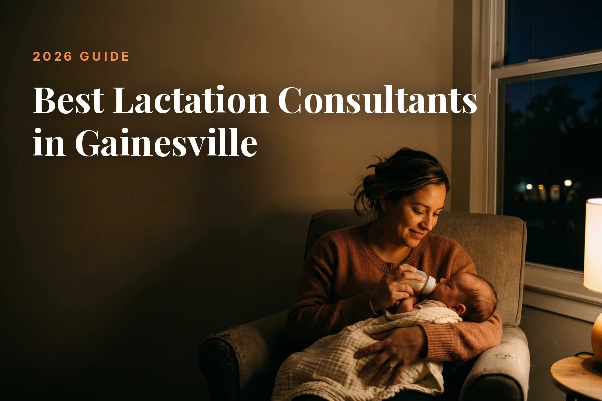 Mother feeding her baby at home in Gainesville at night, cover image for the Betteroo guide to the best lactation consultants in Gainesville in 2026