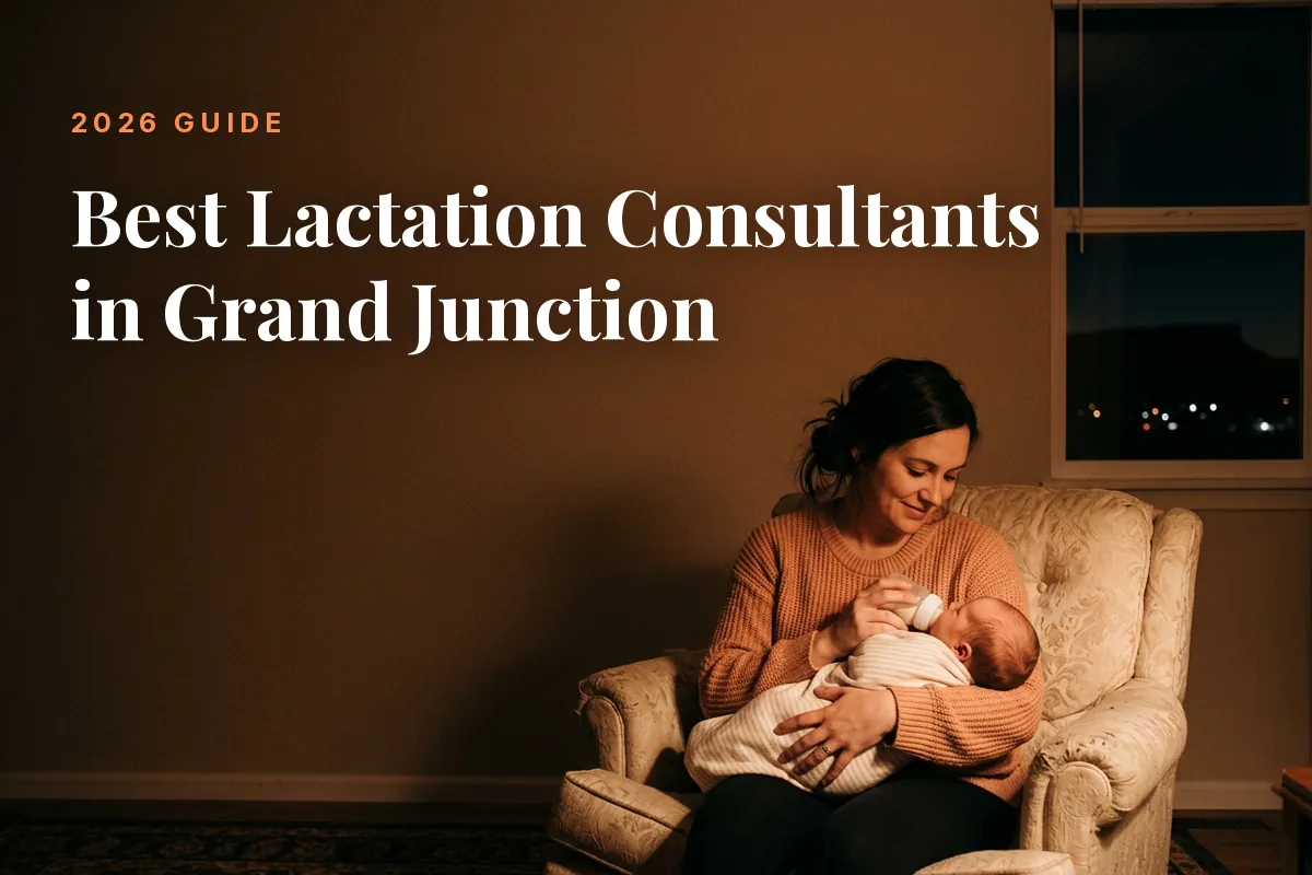 Mother feeding her baby at home in Grand Junction at night, cover image for the Betteroo guide to the best lactation consultants in Grand Junction in 2026