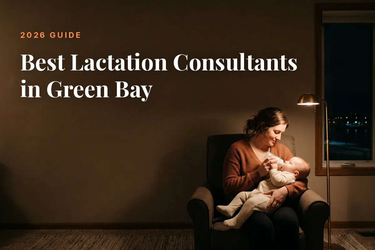 Mother feeding her baby at home in Green Bay at night, cover image for the Betteroo guide to the best lactation consultants in Green Bay in 2026
