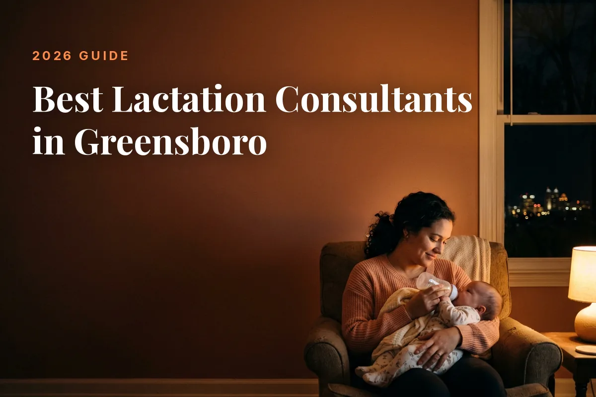 Mother Feeding Her Baby at Home in Greensboro at Night Cover Image for the Betteroo Guide to the Best Lactation Consultants in Greensboro in 2026 | Betteroo Mother feeding her baby at home in Greensboro at night, cover image for the Betteroo guide to the best lactation consultants in Greensboro in 2026