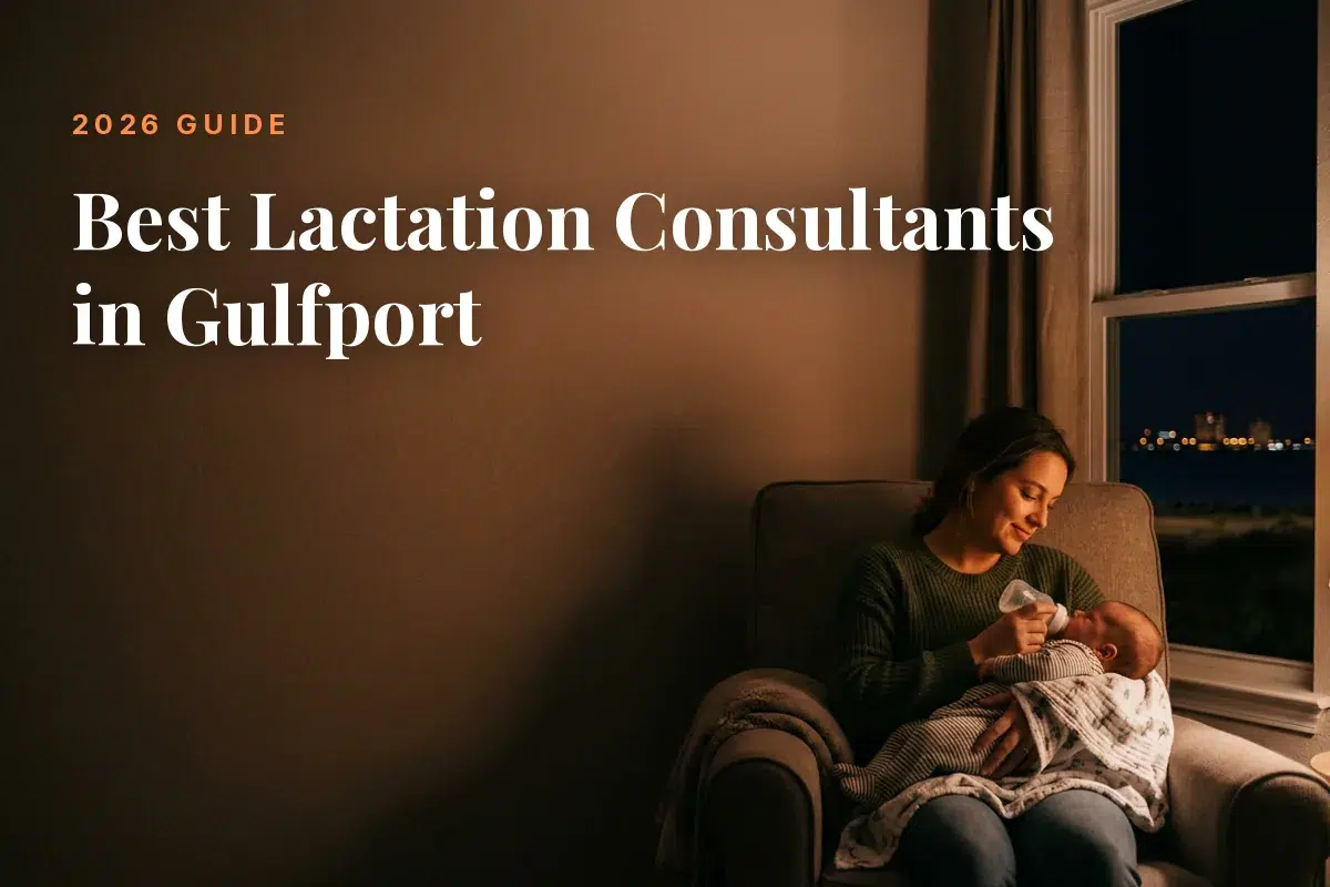 Mother feeding her baby at home in Gulfport at night, cover image for the Betteroo guide to the best lactation consultants in Gulfport in 2026