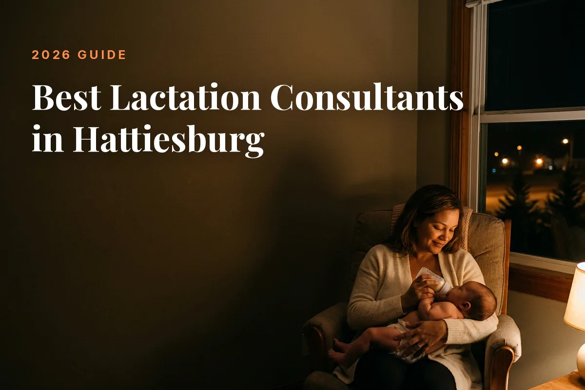 Mother feeding her baby at home in Hattiesburg at night, cover image for the Betteroo guide to the best lactation consultants in Hattiesburg in 2026