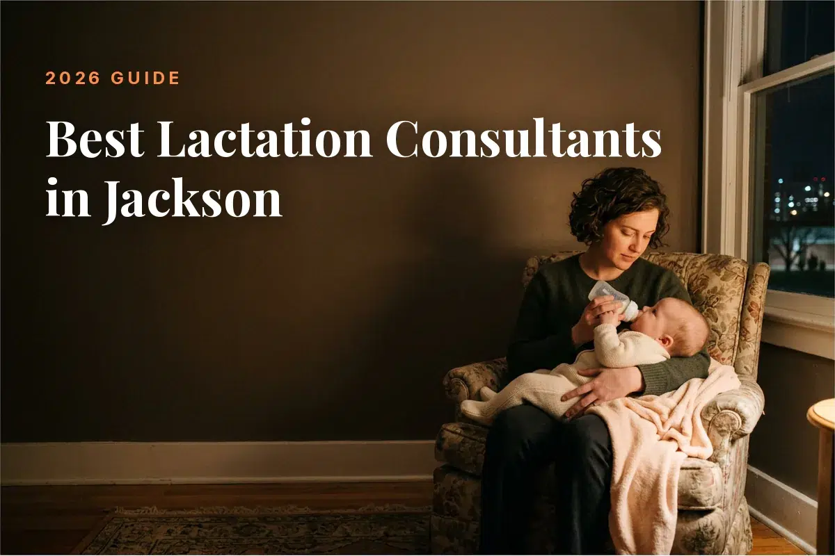 Mother feeding her baby at home in Jackson at night, cover image for the Betteroo guide to the best lactation consultants in Jackson in 2026