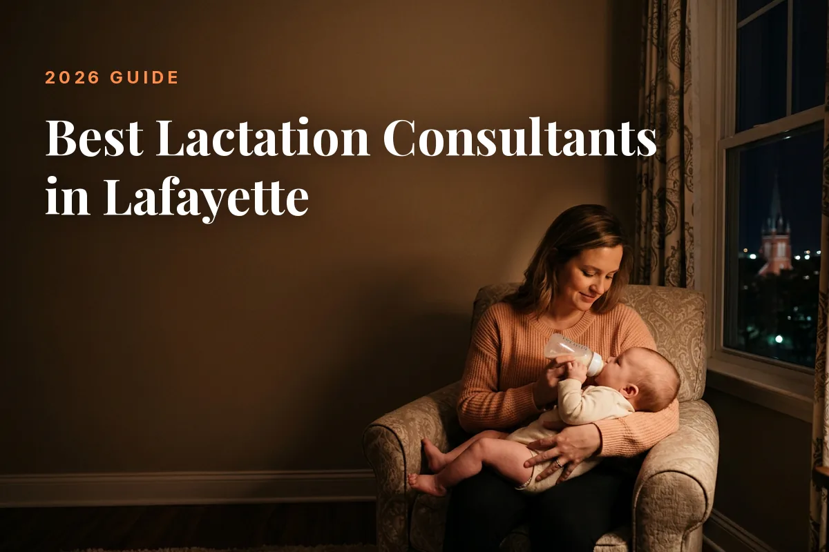 Mother feeding her baby at home in Lafayette at night, cover image for the Betteroo guide to the best lactation consultants in Lafayette in 2026