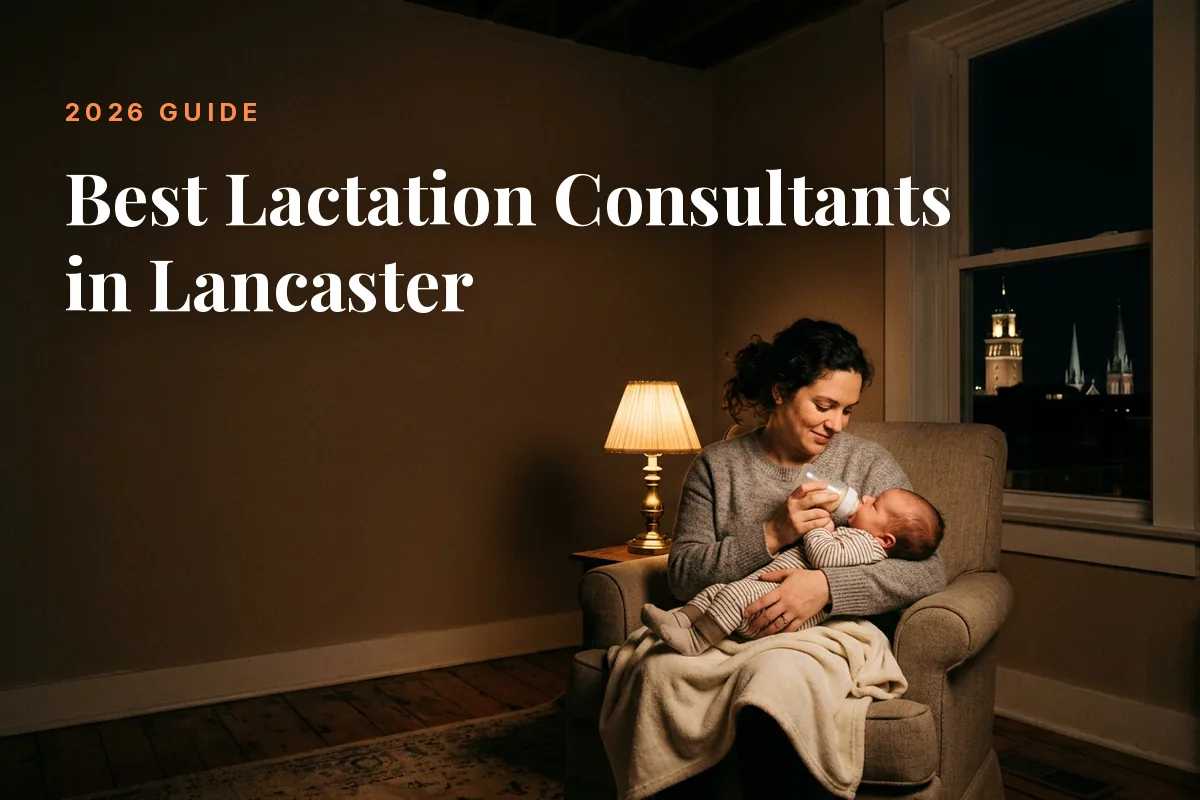 Mother feeding her baby at home in Lancaster at night, cover image for the Betteroo guide to the best lactation consultants in Lancaster in 2026