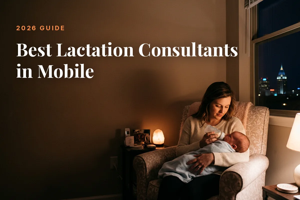 Mother feeding her baby at home in Mobile at night, cover image for the Betteroo guide to the best lactation consultants in Mobile in 2026