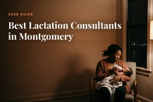 Mother feeding her baby at home in Montgomery at night, cover image for the Betteroo guide to the best lactation consultants in Montgomery in 2026