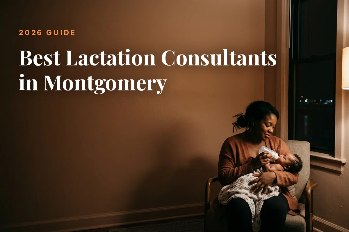 Mother feeding her baby at home in Montgomery at night, cover image for the Betteroo guide to the best lactation consultants in Montgomery in 2026