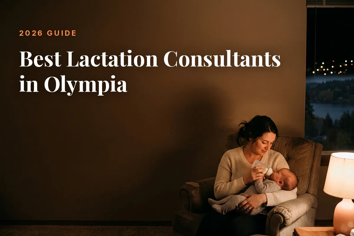 Mother feeding her baby at home in Olympia at night, cover image for the Betteroo guide to the best lactation consultants in Olympia in 2026