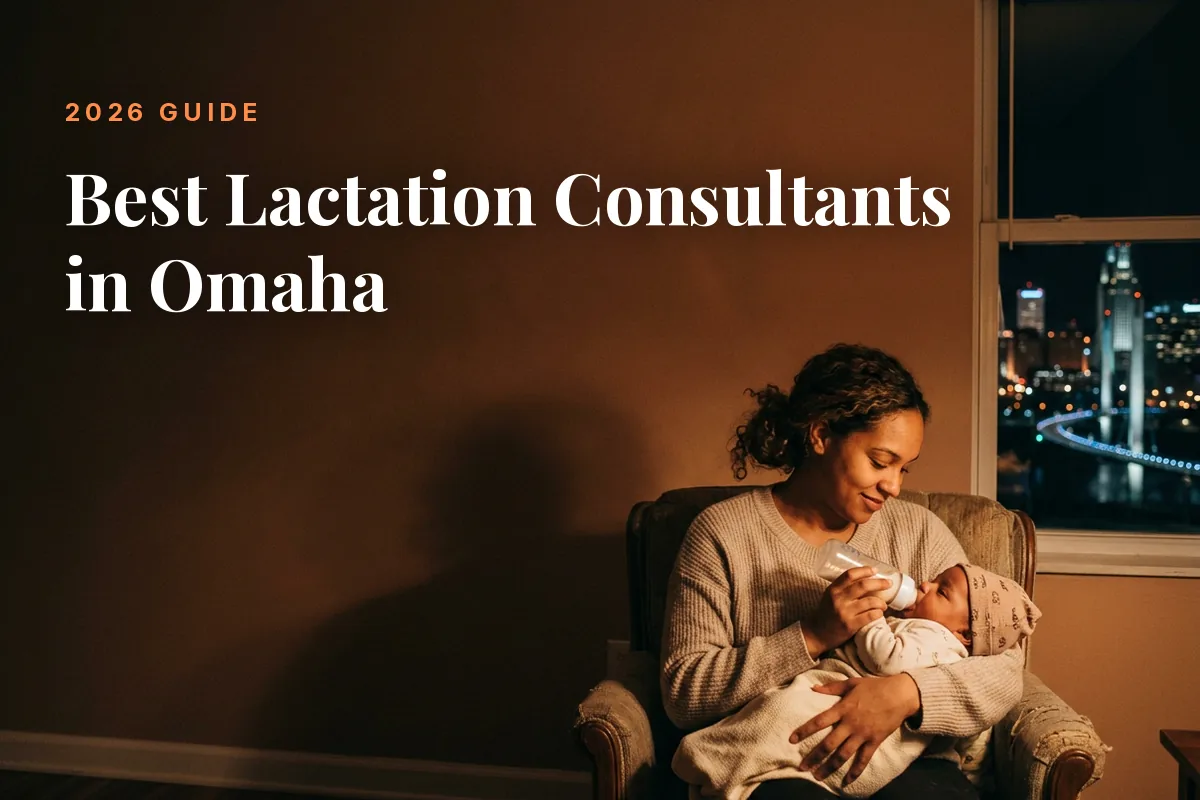 Mother feeding her baby at home in Omaha at night, cover image for the Betteroo guide to the best lactation consultants in Omaha in 2026