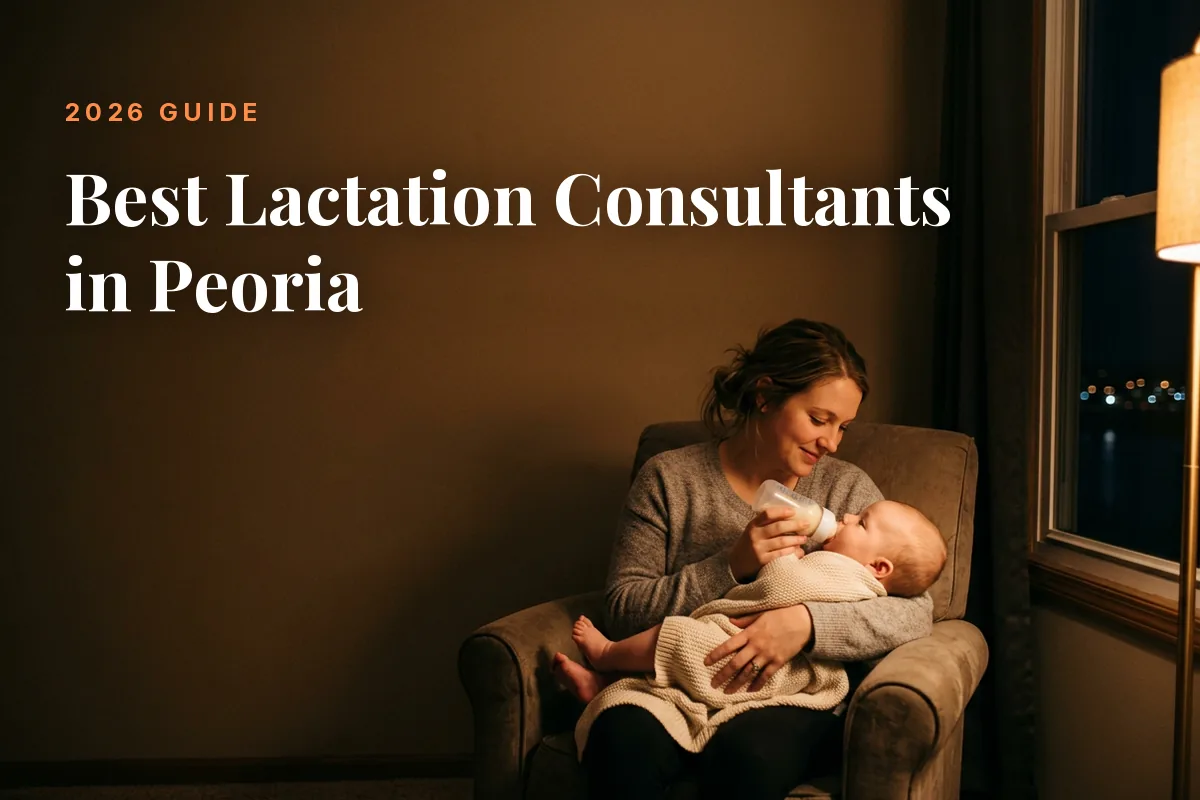 Mother feeding her baby at home in Peoria at night, cover image for the Betteroo guide to the best lactation consultants in Peoria in 2026