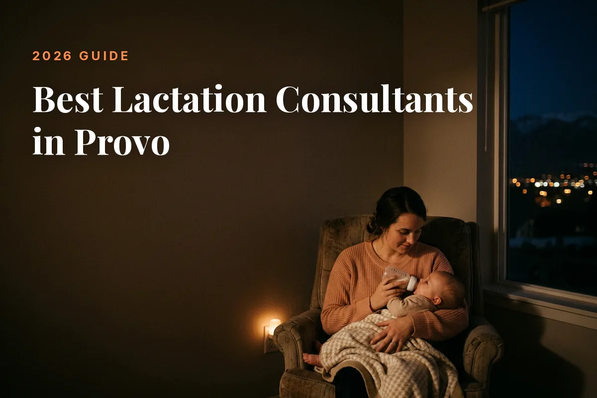 Mother feeding her baby at home in Provo at night, cover image for the Betteroo guide to the best lactation consultants in Provo in 2026