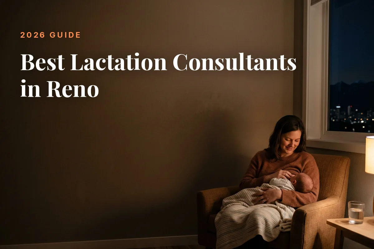 Mother feeding her baby at home in Reno at night, cover image for the Betteroo guide to the best lactation consultants in Reno in 2026