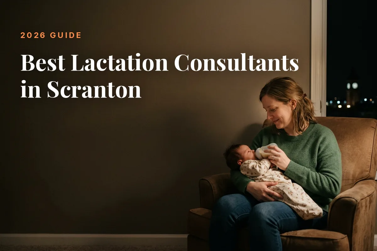 Mother feeding her baby at home in Scranton at night, cover image for the Betteroo guide to the best lactation consultants in Scranton in 2026