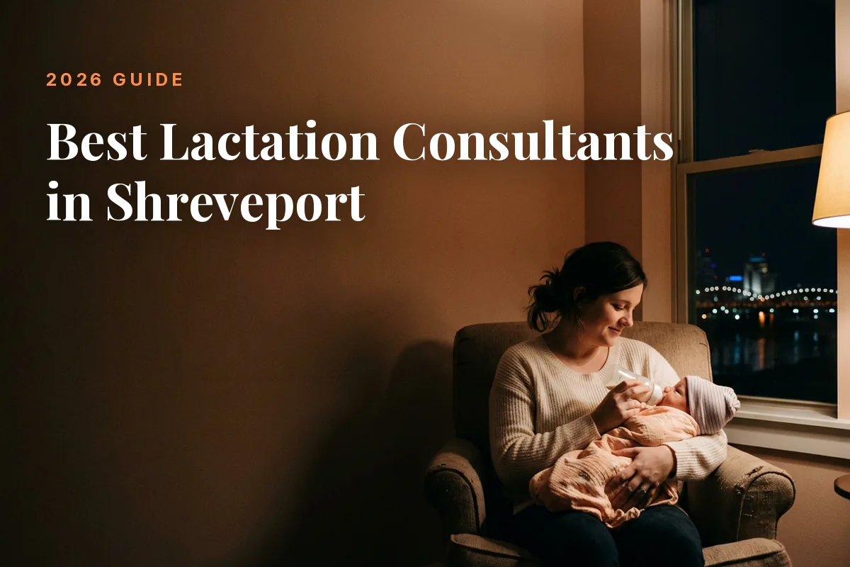Mother feeding her baby at home in Shreveport at night, cover image for the Betteroo guide to the best lactation consultants in Shreveport in 2026