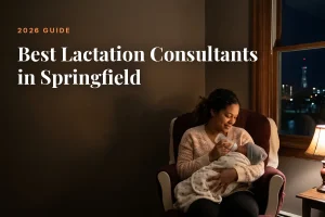 Mother feeding her baby at home in Springfield at night, cover image for the Betteroo guide to the best lactation consultants in Springfield in 2026