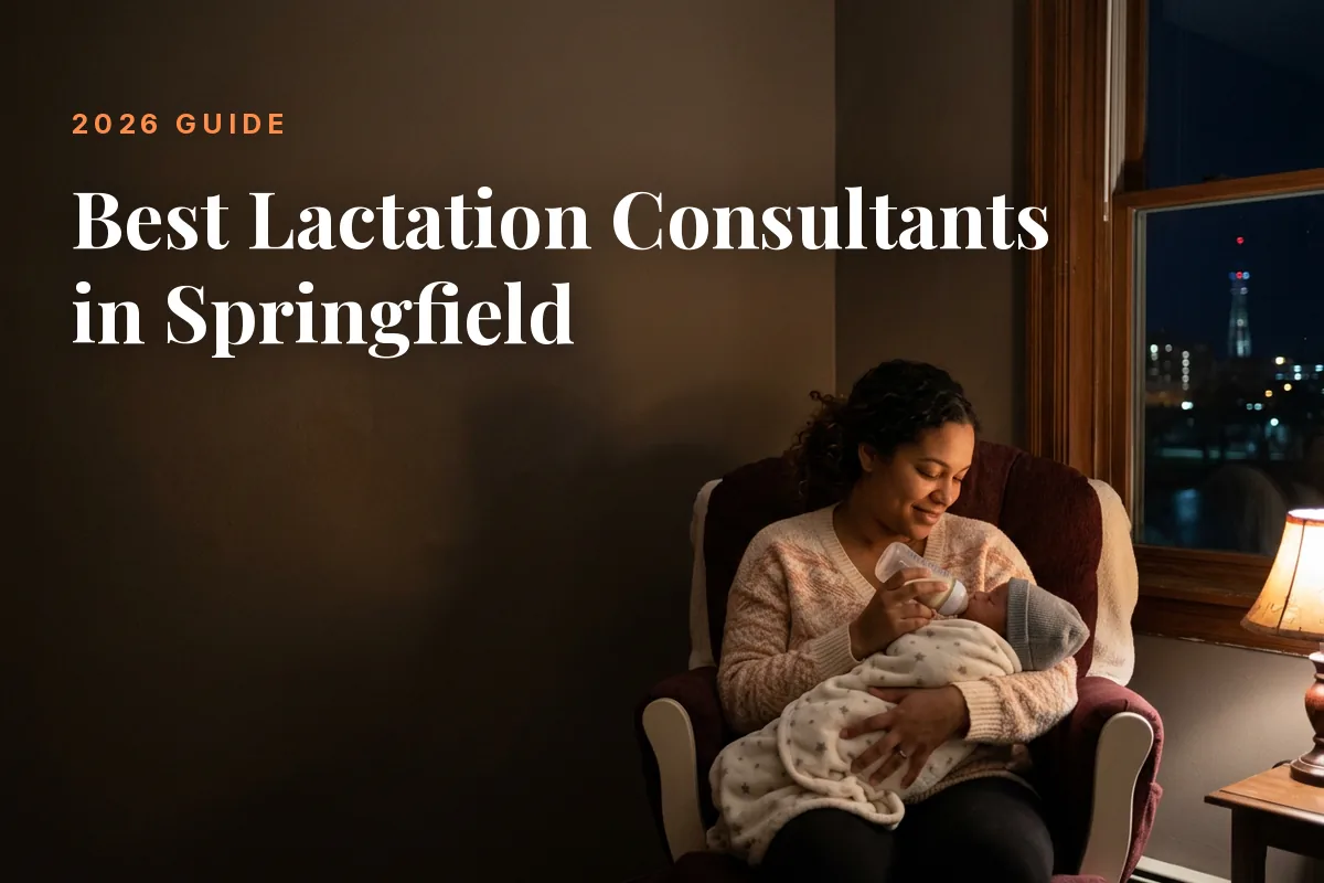 Mother feeding her baby at home in Springfield at night, cover image for the Betteroo guide to the best lactation consultants in Springfield in 2026