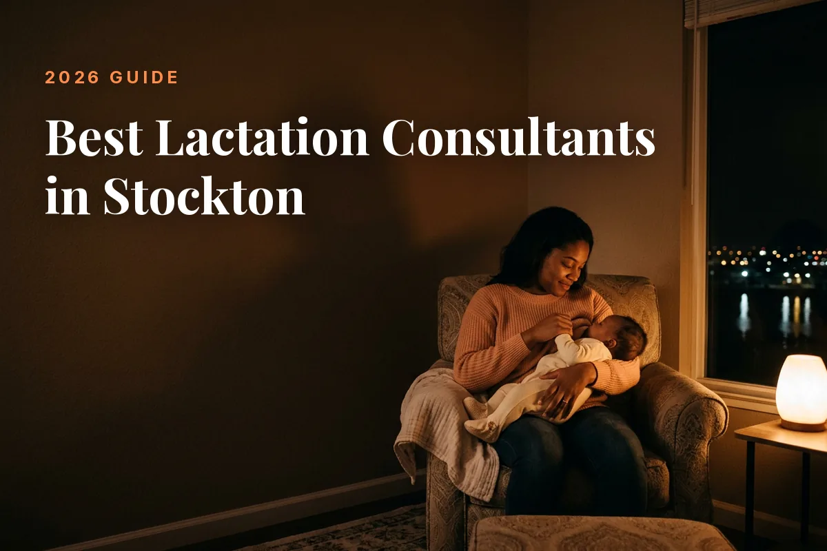 Mother feeding her baby at home in Stockton at night, cover image for the Betteroo guide to the best lactation consultants in Stockton in 2026