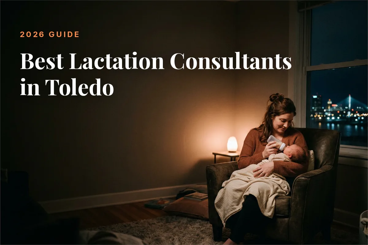 Mother feeding her baby at home in Toledo at night, cover image for the Betteroo guide to the best lactation consultants in Toledo in 2026