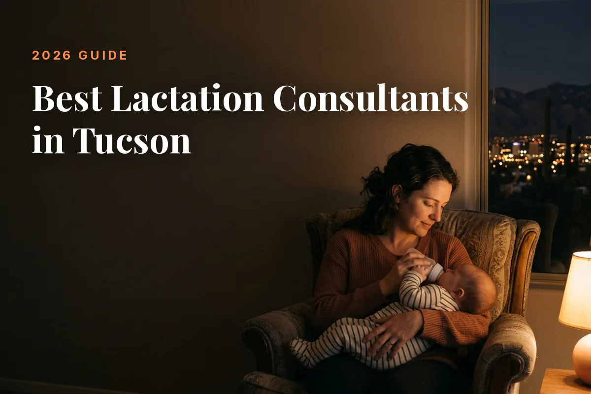 Mother feeding her baby at home in Tucson at night, cover image for the Betteroo guide to the best lactation consultants in Tucson in 2026
