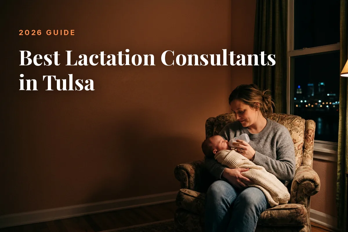 Mother feeding her baby at home in Tulsa at night, cover image for the Betteroo guide to the best lactation consultants in Tulsa in 2026
