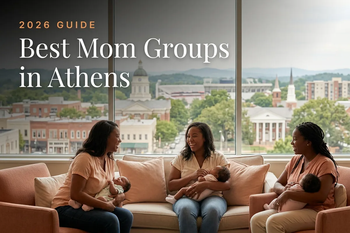 Best mom groups in Athens, GA: three moms holding their babies at an Athens new-parent meetup