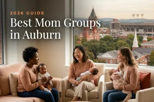 Best mom groups in Auburn, AL: three moms holding their babies at an Auburn new-parent meetup