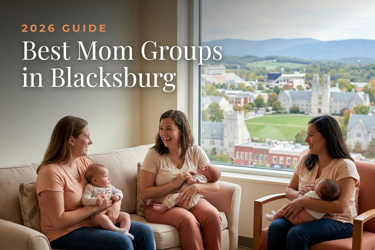 Best mom groups in Blacksburg, VA: three moms holding their babies at a Blacksburg new-parent meetup