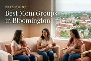 Best mom groups in Bloomington, IL: three moms holding their babies at a Bloomington new-parent meetup