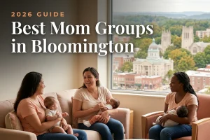 Best mom groups in Bloomington, IN: three moms holding their babies at a Bloomington new-parent meetup