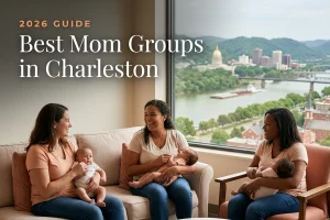 Best mom groups in Charleston, WV: three moms holding their babies at a Charleston new-parent meetup