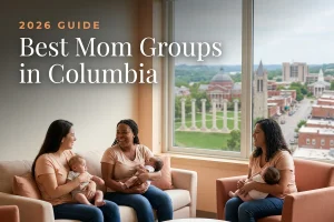 Best mom groups in Columbia, MO: three moms holding their babies at a Columbia new-parent meetup