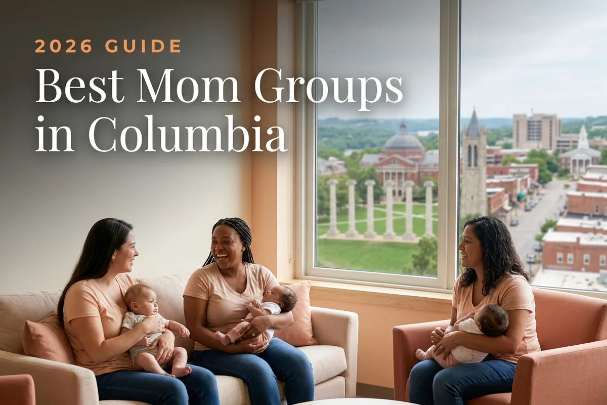 Best mom groups in Columbia, MO: three moms holding their babies at a Columbia new-parent meetup
