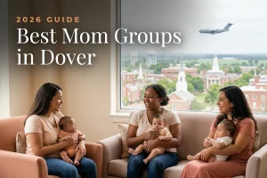 Best mom groups in Dover, DE: three moms holding their babies at a Dover new-parent meetup