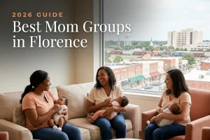 Best mom groups in Florence, SC: three moms holding their babies at a Florence new-parent meetup