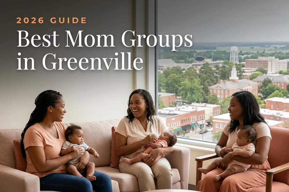 Best mom groups in Greenville, NC: three moms holding their babies at a Greenville new-parent meetup